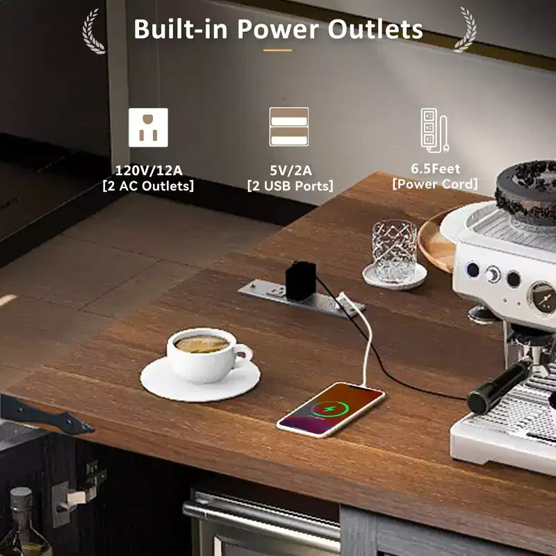 CLIHOME 54.5 Isola Carrello da Cucina su Ruote in Stile Rustico con Presa di Corrente, Carrello da Cucina con Ripiano Interno, Piano Ribaltabile, Portaspezie