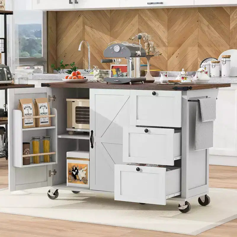 CLIHOME 54.5 Isola Carrello da Cucina su Ruote in Stile Rustico con Presa di Corrente, Carrello da Cucina con Ripiano Interno, Piano Ribaltabile, Portaspezie