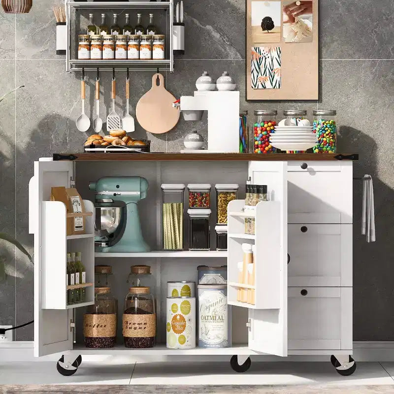 CLIHOME 54.5 Isola Carrello da Cucina su Ruote in Stile Rustico con Presa di Corrente, Carrello da Cucina con Ripiano Interno, Piano Ribaltabile, Portaspezie