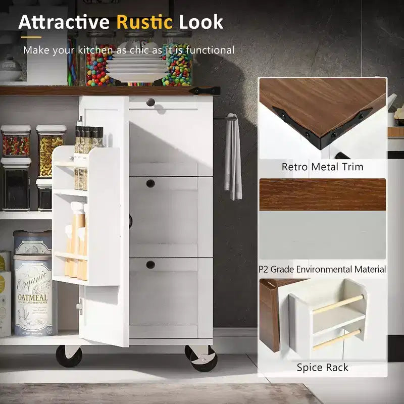 CLIHOME 54.5 Isola Carrello da Cucina su Ruote in Stile Rustico con Presa di Corrente, Carrello da Cucina con Ripiano Interno, Piano Ribaltabile, Portaspezie