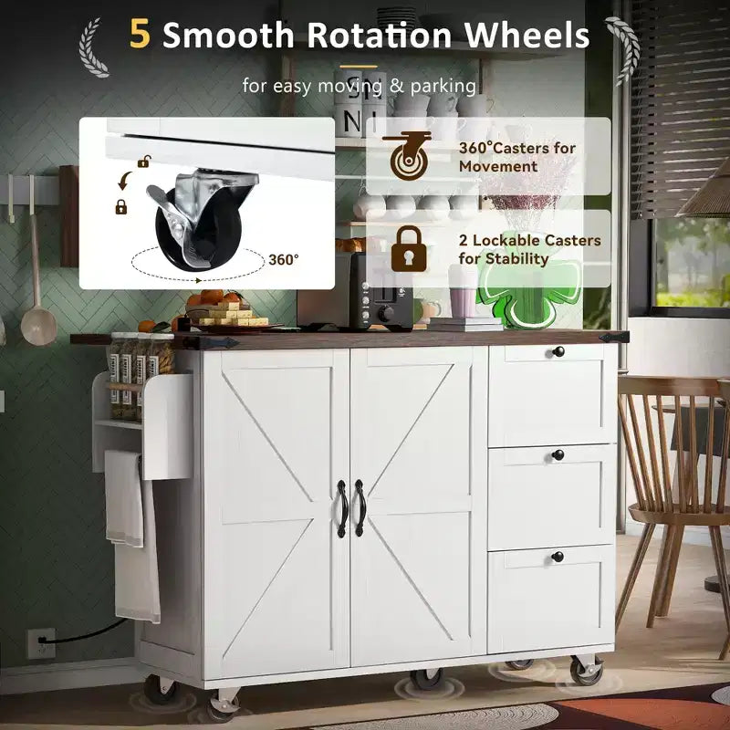 CLIHOME 54.5 Isola Carrello da Cucina su Ruote in Stile Rustico con Presa di Corrente, Carrello da Cucina con Ripiano Interno, Piano Ribaltabile, Portaspezie