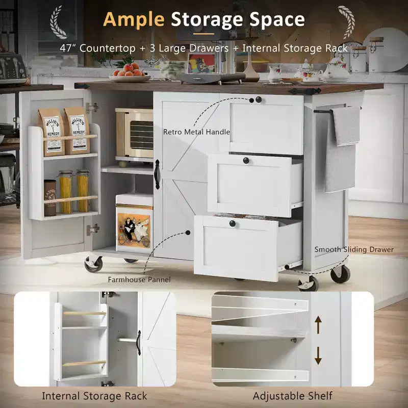 CLIHOME 54.5 Isola Carrello da Cucina su Ruote in Stile Rustico con Presa di Corrente, Carrello da Cucina con Ripiano Interno, Piano Ribaltabile, Portaspezie