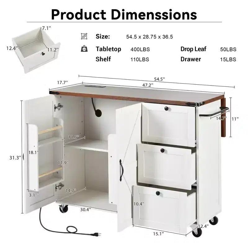 CLIHOME 54.5 Isola Carrello da Cucina su Ruote in Stile Rustico con Presa di Corrente, Carrello da Cucina con Ripiano Interno, Piano Ribaltabile, Portaspezie