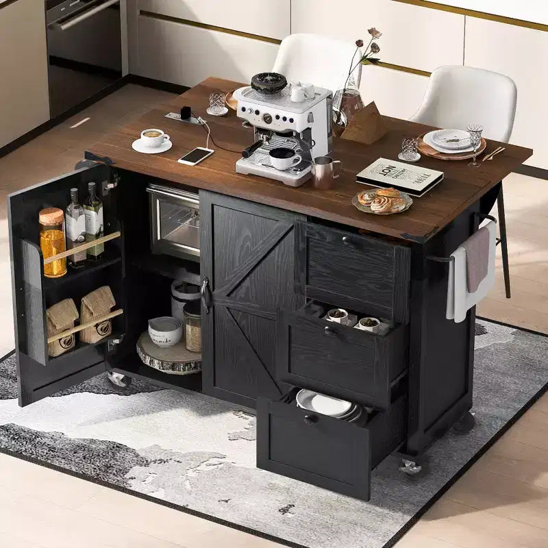 CLIHOME 54.5 Isola Carrello da Cucina su Ruote in Stile Rustico con Presa di Corrente, Carrello da Cucina con Ripiano Interno, Piano Ribaltabile, Portaspezie
