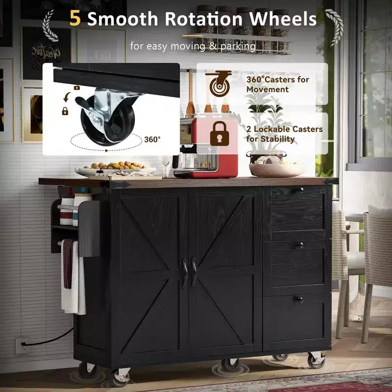 CLIHOME 54.5 Isola Carrello da Cucina su Ruote in Stile Rustico con Presa di Corrente, Carrello da Cucina con Ripiano Interno, Piano Ribaltabile, Portaspezie