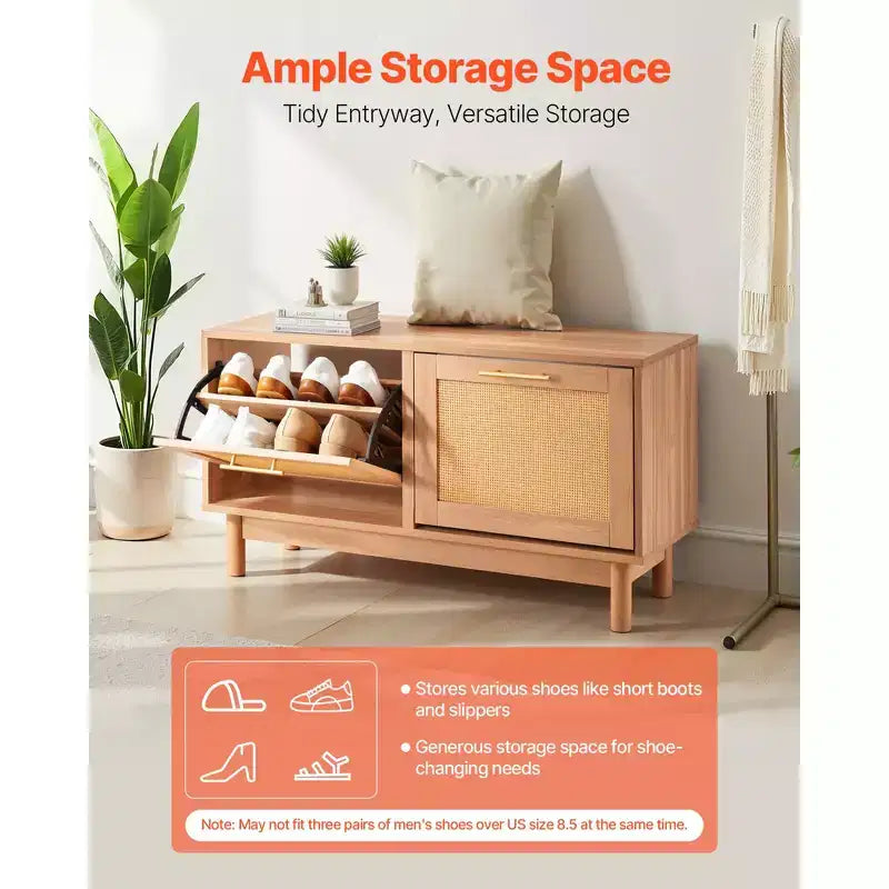 VEVOR Panchina scarpiera da ingresso, 100 x 30 x 53 cm, panchina porta scarpe effetto rattan con 2 cassetti a ribalta, scarpiera portaoggetti da 136 kg con 4 scomparti, marrone