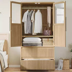 Armadio Guardaroba in Legno Naturale con Ante in Vetro - 2 Cassetti e Asta Appendiabiti - 80L x 167.5A cm - Armadio Indipendente per Camera da Letto