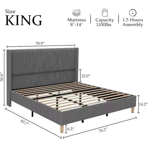 Acekool Base Letto Imbottita Full Size, Piattaforma in Velluto a Coste con Testiera Alettata con Canali Verticali, Doghe in Legno, Nessuna Rete a Molle, Grigio