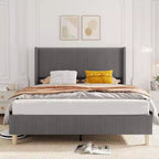 Acekool Base Letto Imbottita Full Size, Piattaforma in Velluto a Coste con Testiera Alettata con Canali Verticali, Doghe in Legno, Nessuna Rete a Molle, Grigio