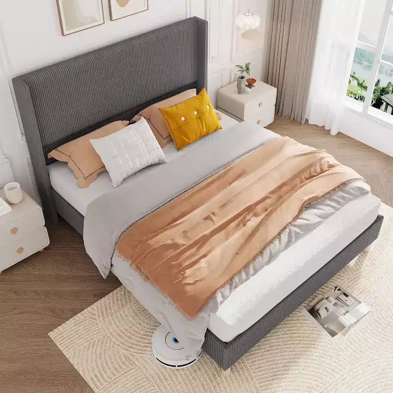 Acekool Base Letto Imbottita Full Size, Piattaforma in Velluto a Coste con Testiera Alettata con Canali Verticali, Doghe in Legno, Nessuna Rete a Molle, Grigio