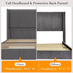 Acekool Base Letto Imbottita Full Size, Piattaforma in Velluto a Coste con Testiera Alettata con Canali Verticali, Doghe in Legno, Nessuna Rete a Molle, Grigio