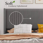 Acekool Base Letto Imbottita Full Size, Piattaforma in Velluto a Coste con Testiera Alettata con Canali Verticali, Doghe in Legno, Nessuna Rete a Molle, Grigio