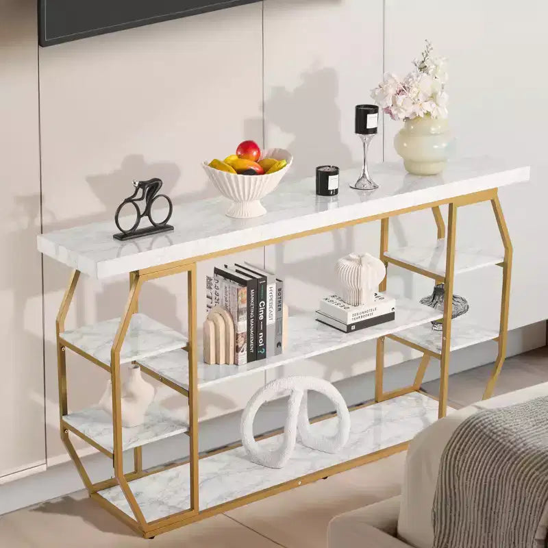 Consolle in Marmo VEVOR, Consolle Moderna a 3 Livelli per Riponimento Aperto, Tavolo Geometrico Dorato con Tubi di Ferro, Dispositivo Anti-Ribaltamento, Oro