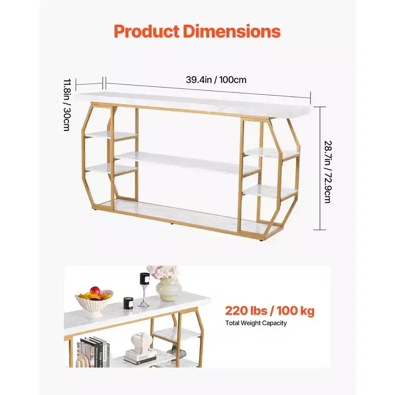 Consolle in Marmo VEVOR, Consolle Moderna a 3 Livelli per Riponimento Aperto, Tavolo Geometrico Dorato con Tubi di Ferro, Dispositivo Anti-Ribaltamento, Oro