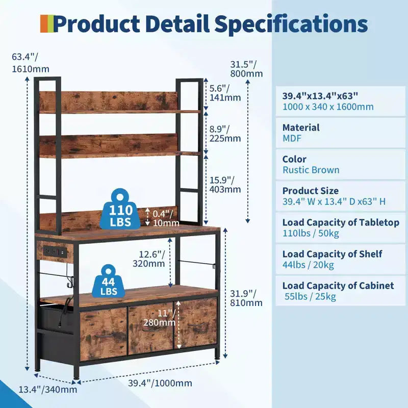 Scaffale da Cucina a 5 Livelli con Stazione di Ricarica e Cassetti, Scaffali Portaoggetti con Ganci per Cucina, Scaffale per Forno a Microonde Indipendente per Sala da Pranzo, Ufficio