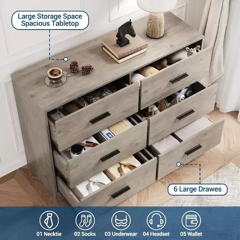 Acekool Cassettiera a 6 Cassetti, Comò Moderno con Maniglie in Metallo, Porta TV in Legno e Organizzatore di Archiviazione per Camera da Letto, Soggiorno