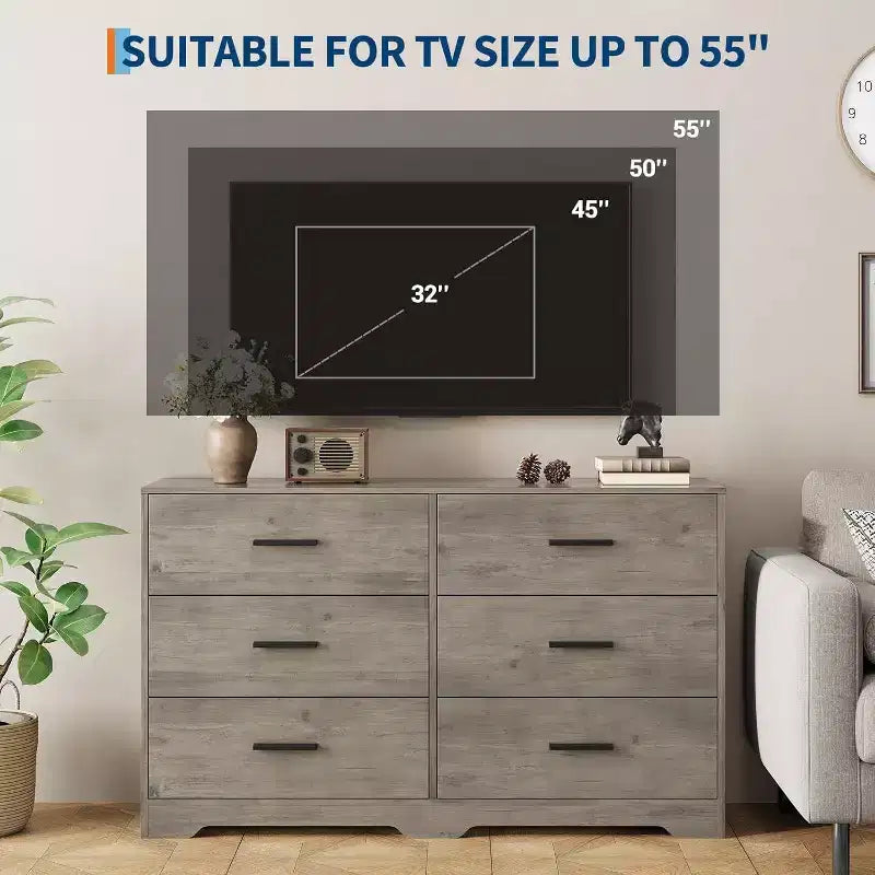 Acekool Cassettiera a 6 Cassetti, Comò Moderno con Maniglie in Metallo, Porta TV in Legno e Organizzatore di Archiviazione per Camera da Letto, Soggiorno
