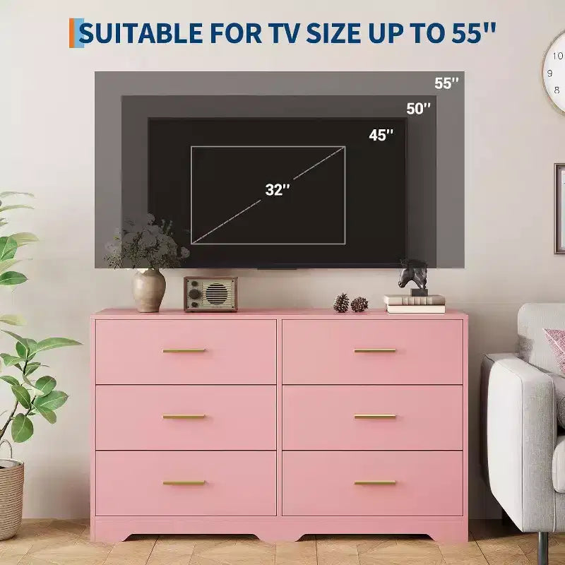 Acekool Cassettiera a 6 Cassetti, Comò Moderno con Maniglie in Metallo, Porta TV in Legno e Organizzatore di Archiviazione per Camera da Letto, Soggiorno
