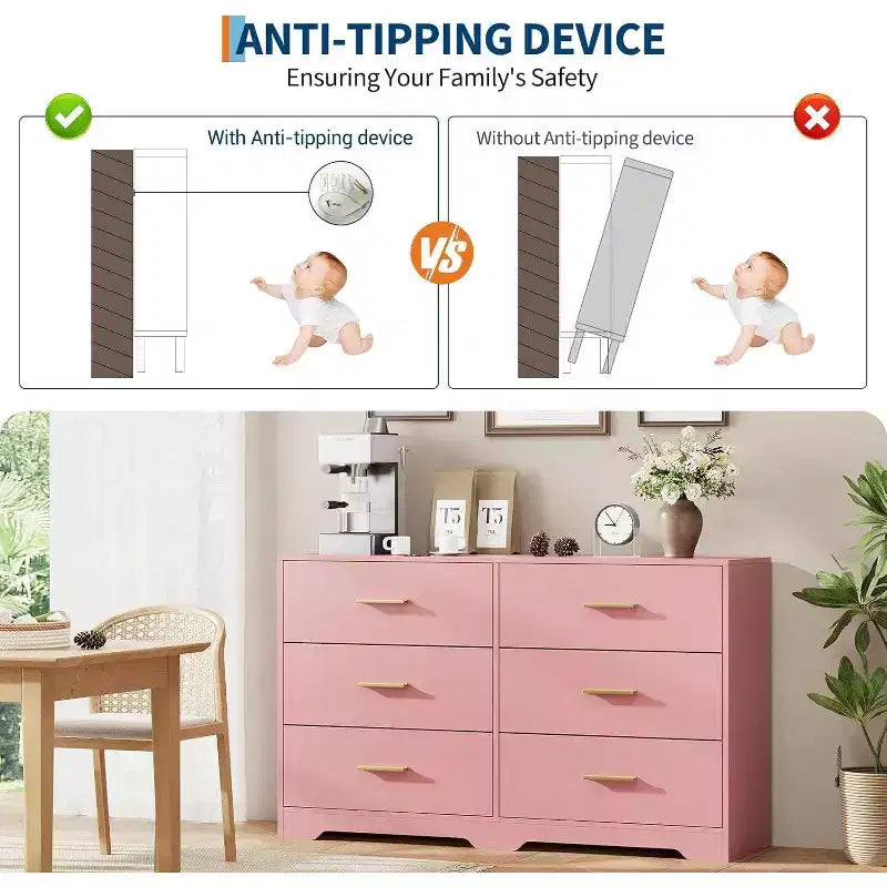 Acekool Cassettiera a 6 Cassetti, Comò Moderno con Maniglie in Metallo, Porta TV in Legno e Organizzatore di Archiviazione per Camera da Letto, Soggiorno