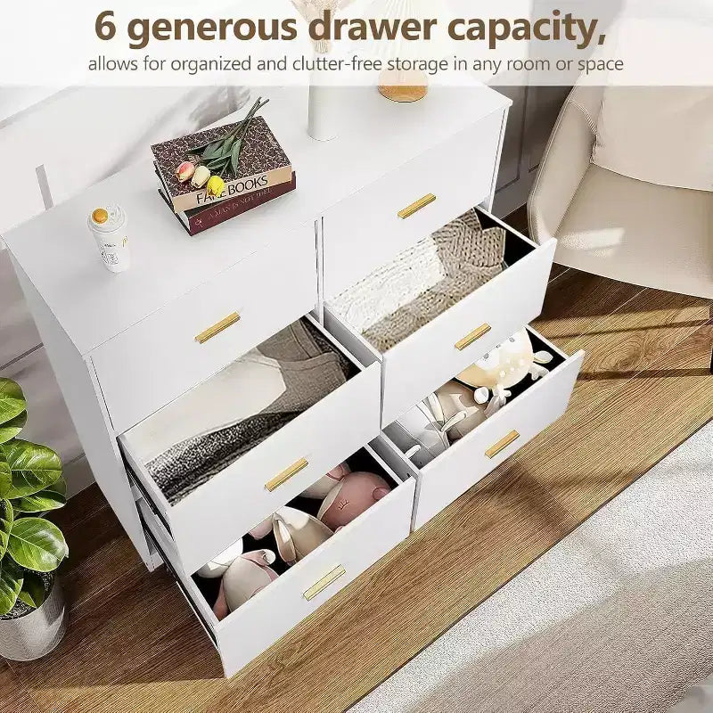 Acekool Cassettiera a 6 Cassetti, Comò Moderno con Maniglie in Metallo, Porta TV in Legno e Organizzatore di Archiviazione per Camera da Letto, Soggiorno