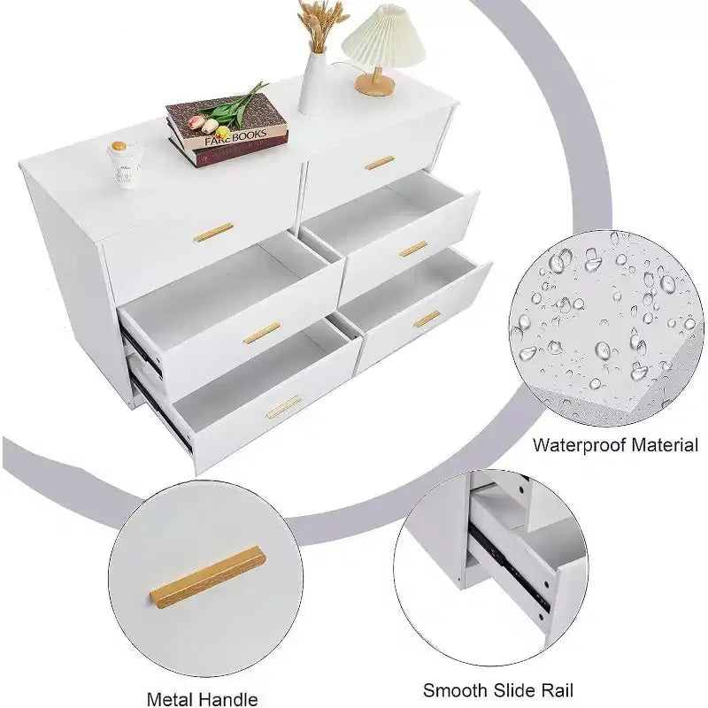 Acekool Cassettiera a 6 Cassetti, Comò Moderno con Maniglie in Metallo, Porta TV in Legno e Organizzatore di Archiviazione per Camera da Letto, Soggiorno