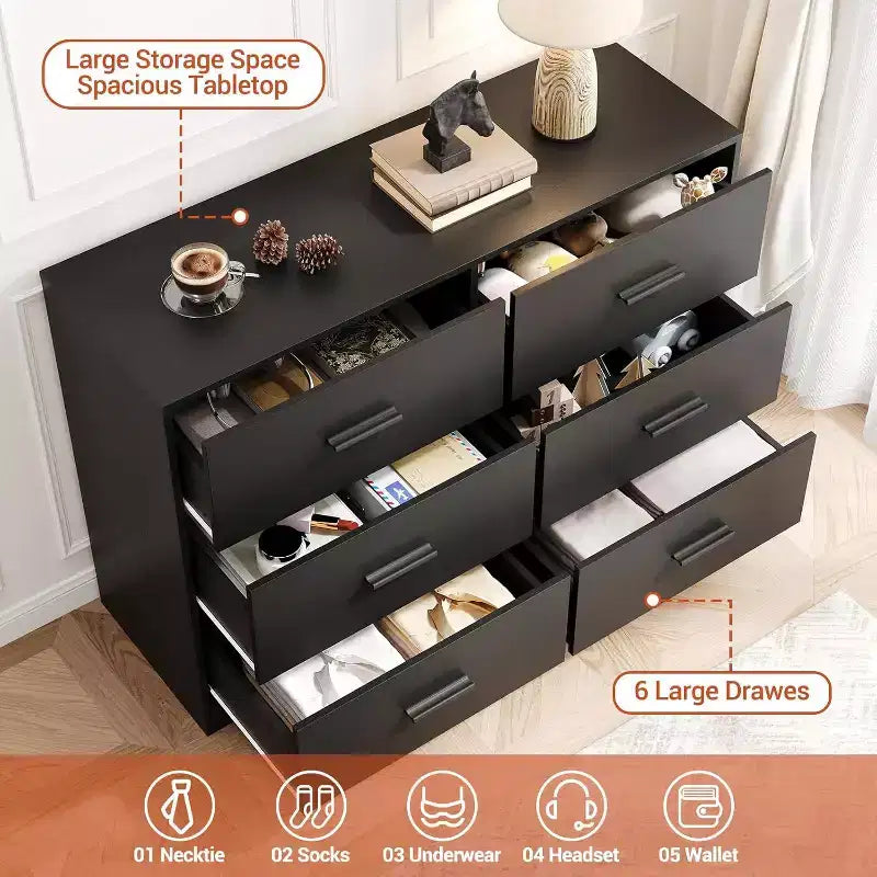 Acekool Cassettiera a 6 Cassetti, Comò Moderno con Maniglie in Metallo, Porta TV in Legno e Organizzatore di Archiviazione per Camera da Letto, Soggiorno