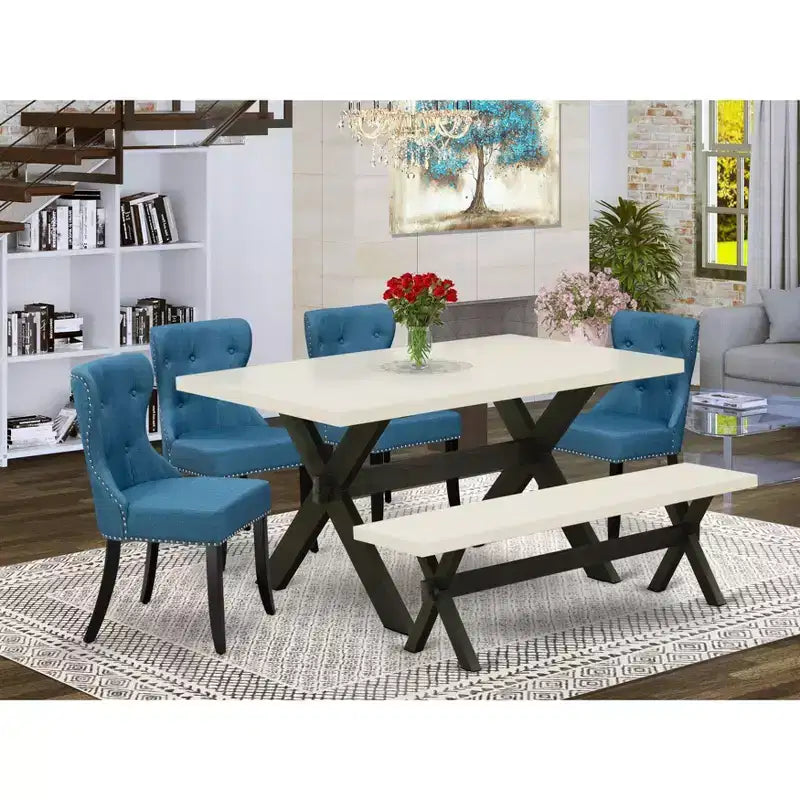 HomeStock Belmont set da pranzo da 6 pezzi - 4 sedie da pranzo con tavolo da pranzo rettangolare e panca da pranzo - Finitura bianco lino e nero