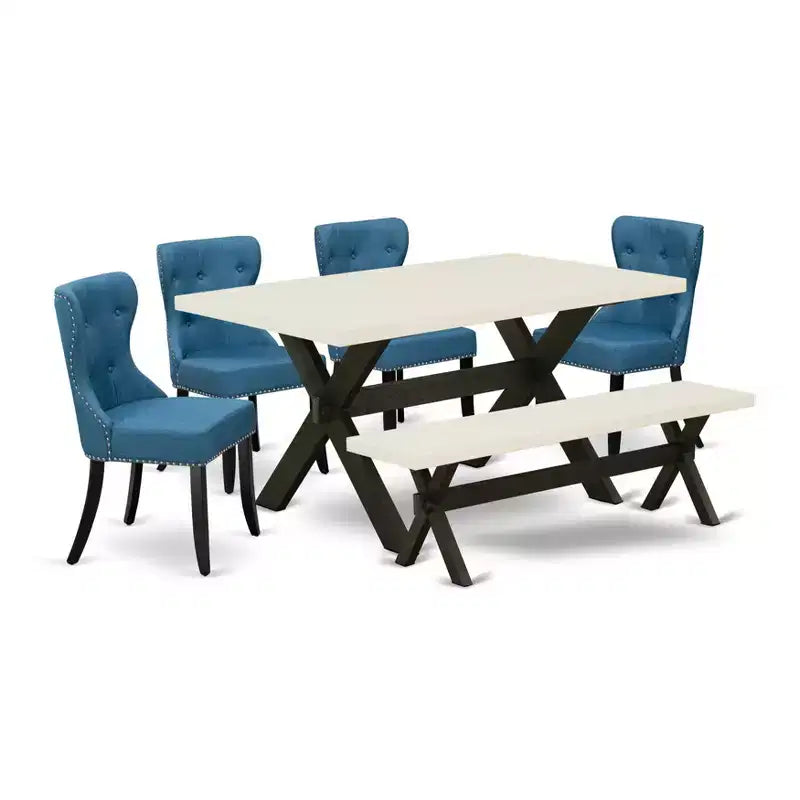 HomeStock Belmont set da pranzo da 6 pezzi - 4 sedie da pranzo con tavolo da pranzo rettangolare e panca da pranzo - Finitura bianco lino e nero