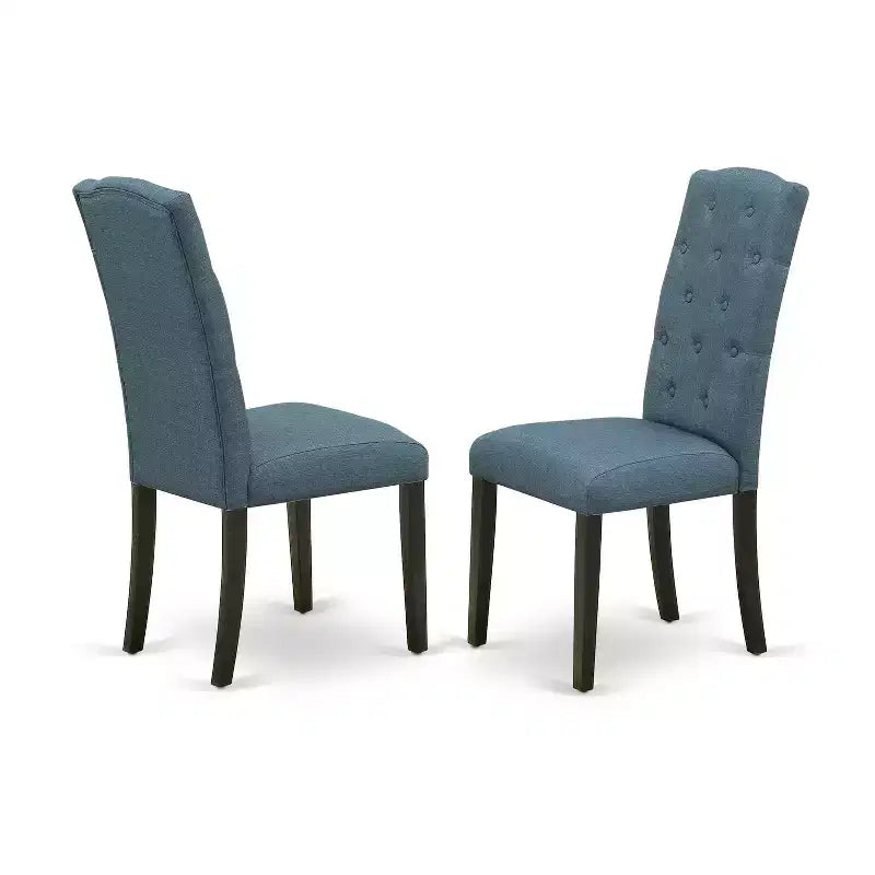 HomeStock Belmont Set Sala da Pranzo 7 Pezzi Include un Tavolo da Cucina Rettangolare con Prolunga a Farfalla e Sei Sedie Parson con Tessuto Blu, Finitura Nera