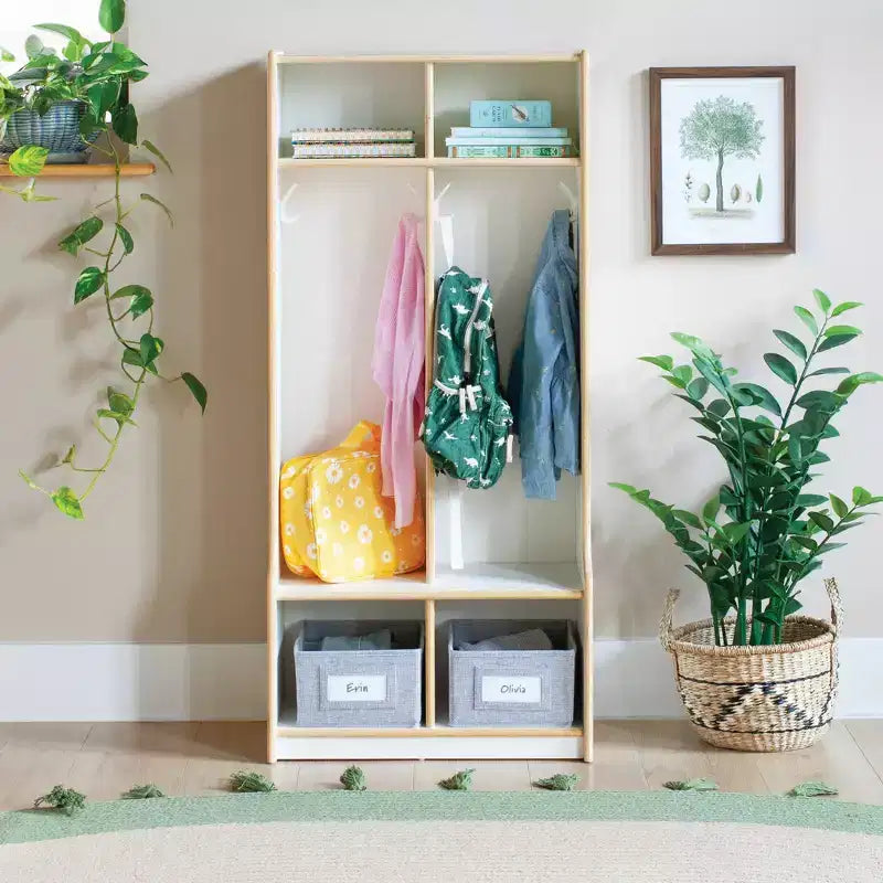 Mobile Contenitore in Legno a 2 Sezioni Guidecraft EdQ con Panca per Aula, Organizzatore a Cubi per Bambini con Scaffali e Ganci per Cappotti