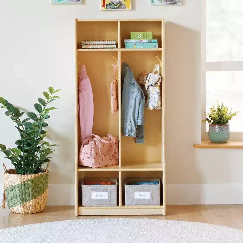 Mobile Contenitore in Legno a 2 Sezioni Guidecraft EdQ con Panca per Aula, Organizzatore a Cubi per Bambini con Scaffali e Ganci per Cappotti