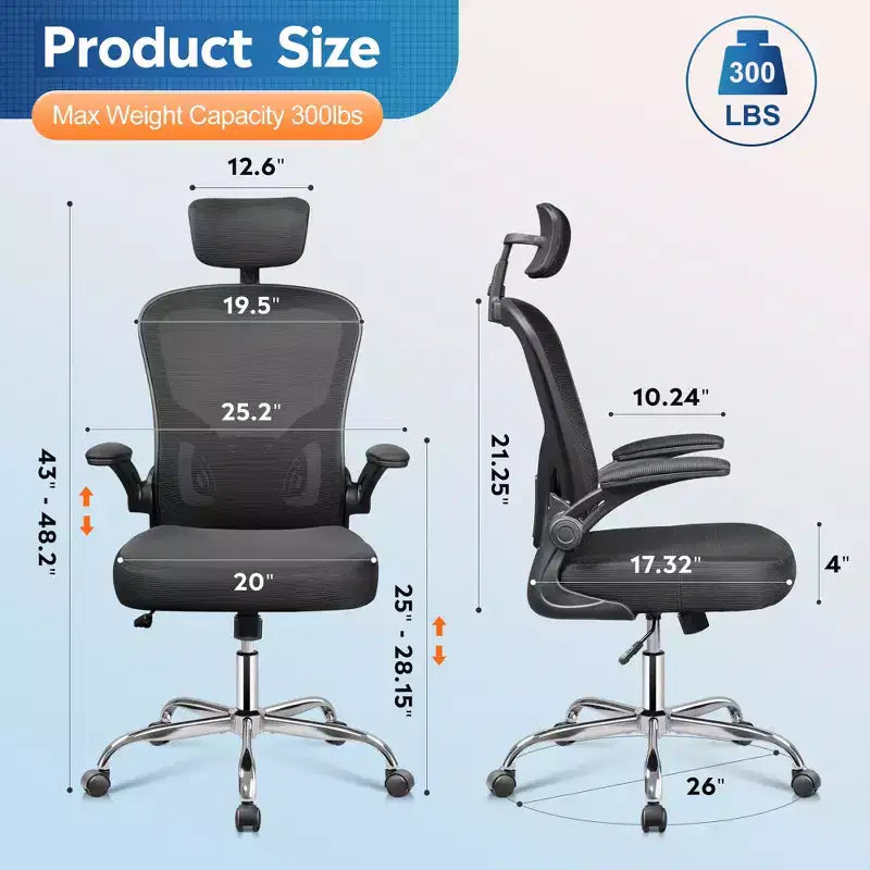 Sedia da Ufficio GALAXHERO Alta con Schienale in Rete, Sedia Ergonomica da Scrivania con Braccioli Ribaltabili, Poggiatesta Regolabile e Supporto Lombare