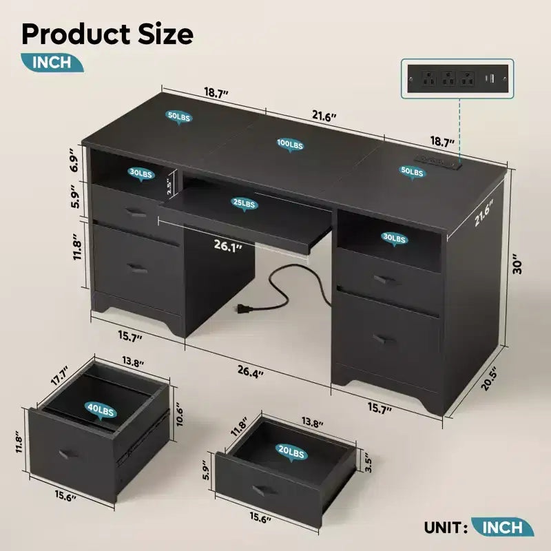 Bestier Scrivania da Ufficio da 150 cm con Stazione di Ricarica e Vassoio Tastiera, Scrivania per Computer con Cassetti, Scrivania Direzionale Moderna per Ufficio Domestico