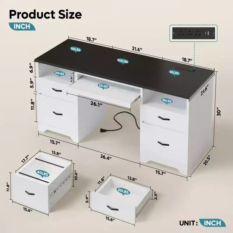 Bestier Scrivania da Ufficio da 150 cm con Stazione di Ricarica e Vassoio Tastiera, Scrivania per Computer con Cassetti, Scrivania Direzionale Moderna per Ufficio Domestico