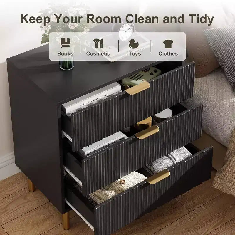 Cassettiera Moderna a 3 Cassetti - Maniglie Dorate e Ampio Spazio Contenitivo per Camera da Letto e Soggiorno